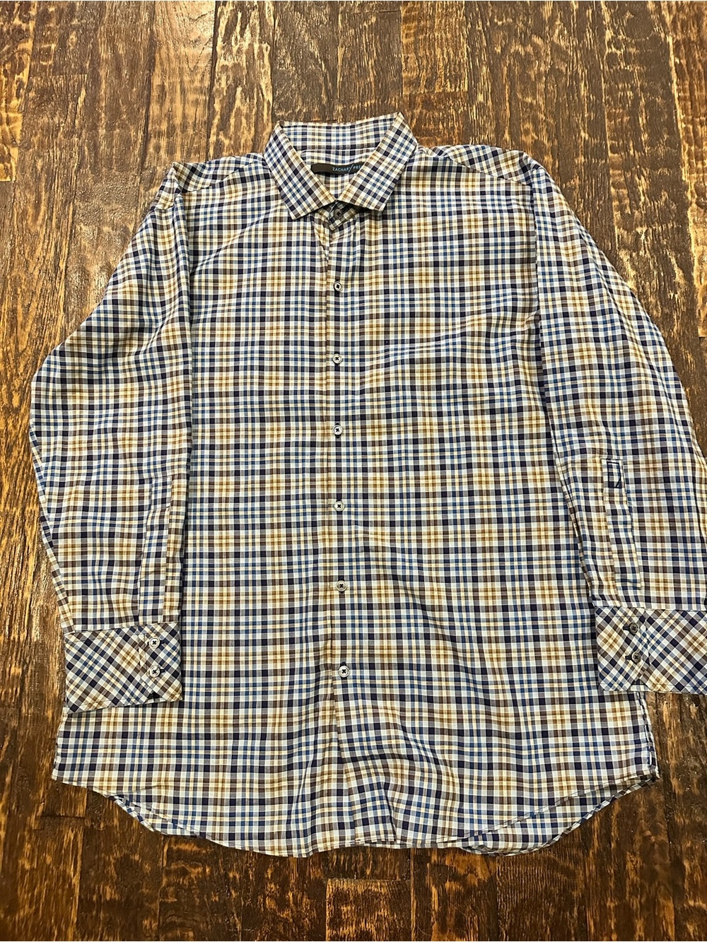Zachary Prell Navy Blue White Tan Plaid Long-Sleeve Button-Down Shirt